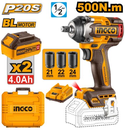 Boulonneuse à choc Bruchless 20V 500 Nm 2Batt 4Am sans charbons SI