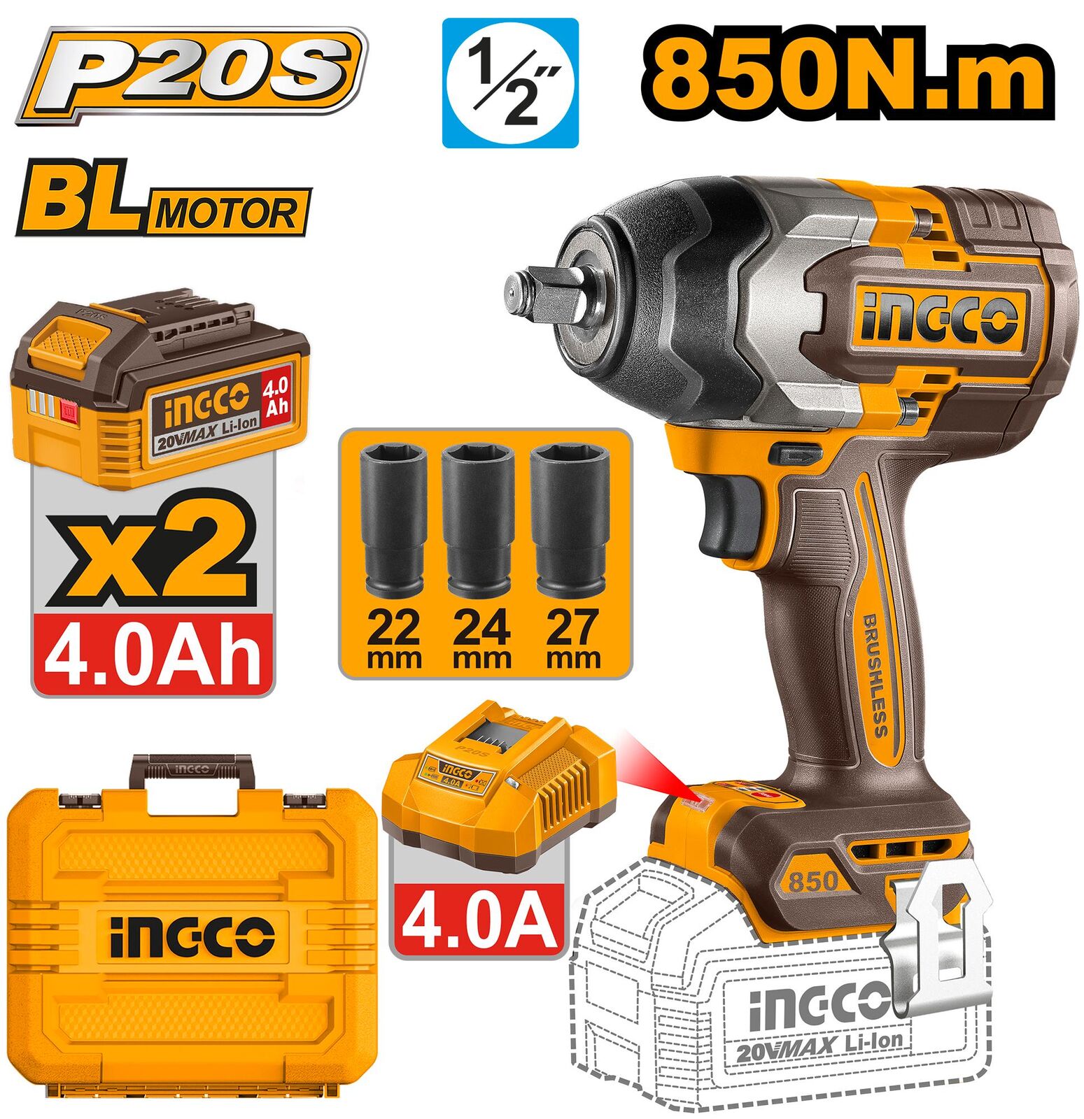 CIWLI2085_14 Boulonneuse à choc20V 850 Nm 2Batt 4A sans charbons – Image 1