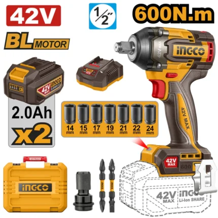 Clé À Choc 1/2" 600N.M 42V Bruchless Avec 2Batt 2Ah Et 1 Chargeur avec Accessoires