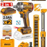 Pack Boulonneuse À Choc 20V Sans Charbons 405Nm 2Bat,  Avec 1 lampe de travail Coffret de 10 douilles - Malette