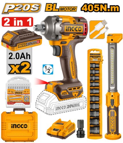 Pack Boulonneuse À Choc 20V Sans Charbons 405Nm 2Bat,  Avec 1 lampe de travail Coffret de 10 douilles - Malette