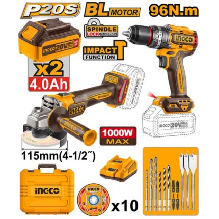 Pack 2 Machine Meuleuse /Visseusseuse 20 V +10Accessoires Ingco