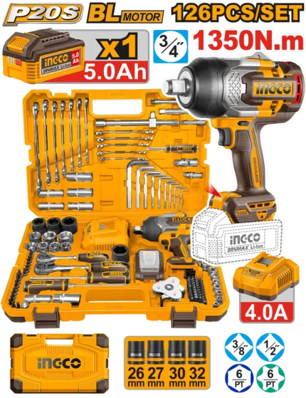 Jeu D'Outils 126 Pièces Pour Clé À Chocs 3/4 Brushless 1 Batt 5Ah et Chargeur