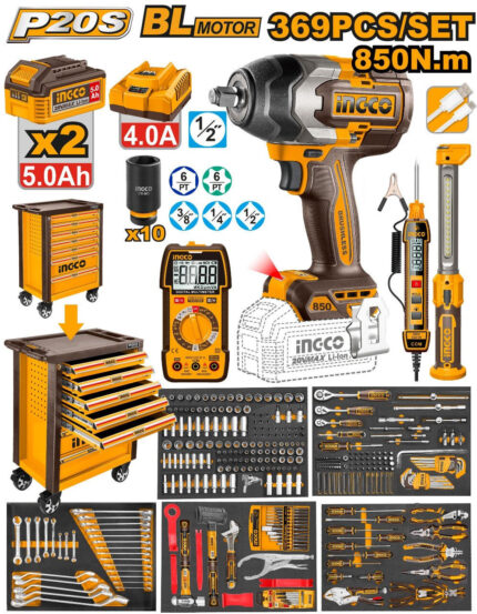 Coffre À Outils 369 Pièces +Boulonneuse Bruschless 20V 850Nm Ingco