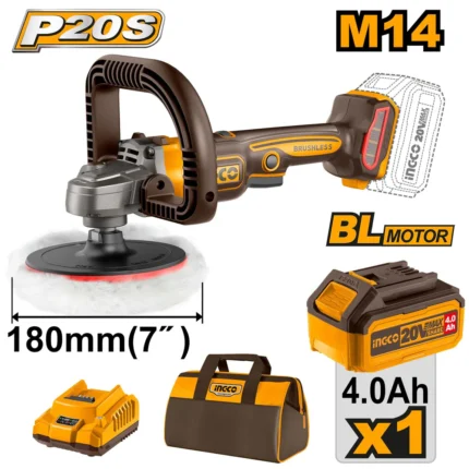 Polisseuse 180mm Brushless 20V 1 Batterie 4.0Ah+Chargeur +Sac Ingco