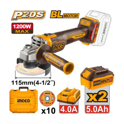 Meuleuse 115Mm 1200W 20V Brushless 2 Batterie 5 Ah 1Chargeur +10 Disques