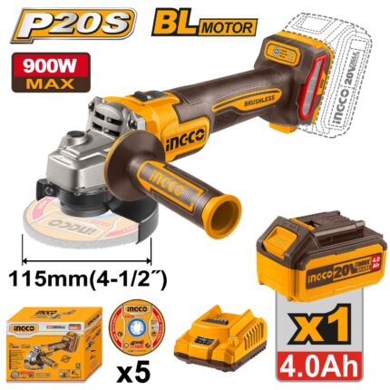 Meuleuse Sans Fil Brushless 20V 115Mm 900W 1 Batterie 4Ah + 5 Disques