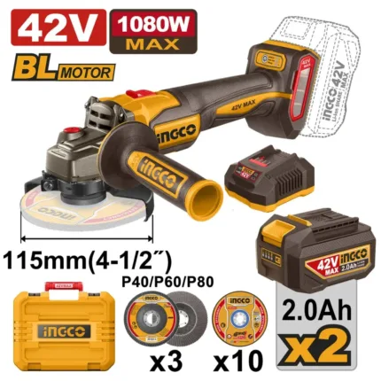 Meuleuse D'Angle Sans Fil 115Mm 42V Avec 2 Batt Et 1 Chargeur