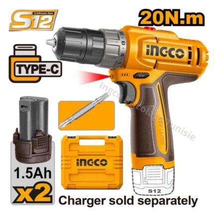 Perceuse Visseuse 12V 20Nm 2 Batt Coniques 1.5Ah Ingco