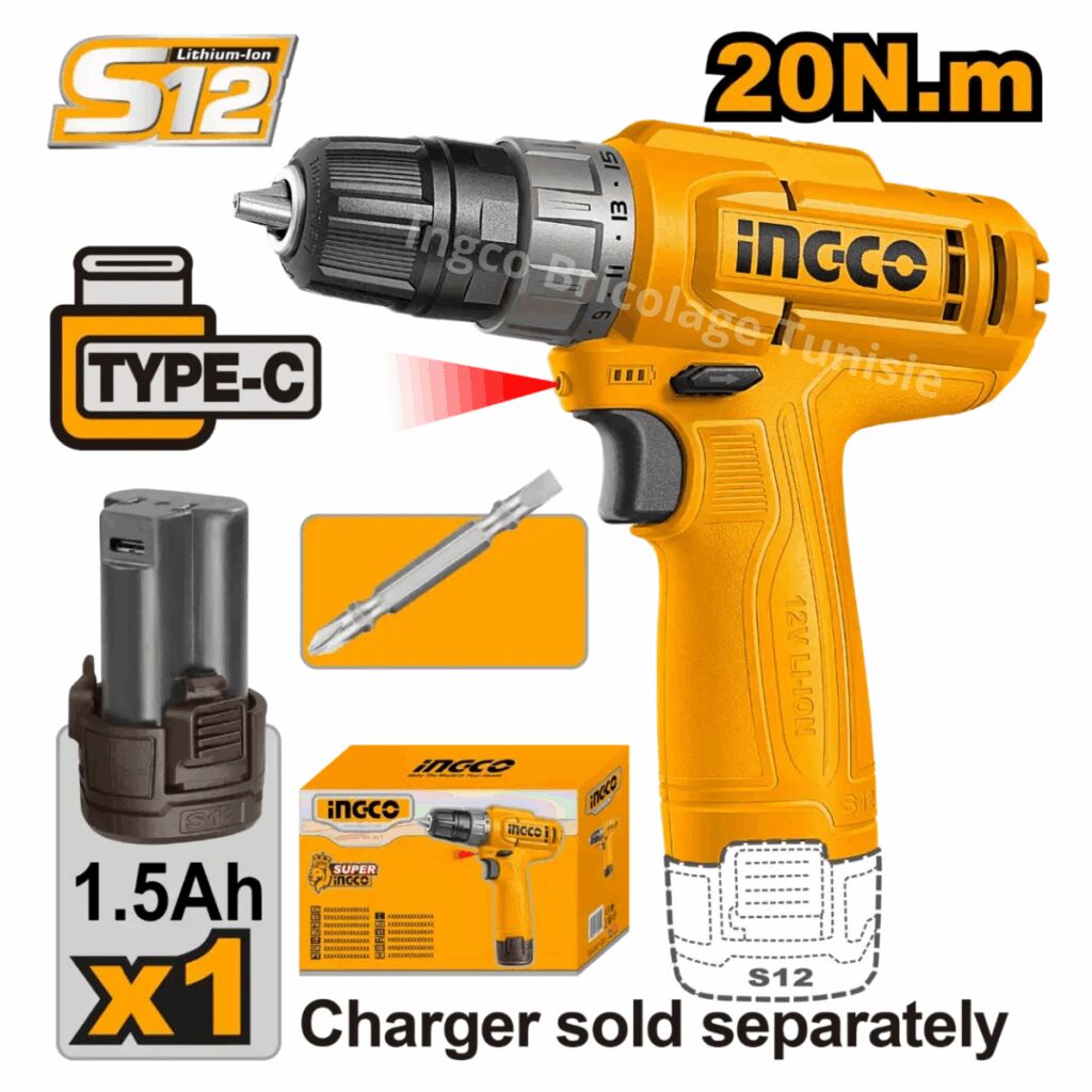 CDLI12456_1 Visseuse 12V A 1 Batterie Conique 1.5Ah Ingco – Image 1