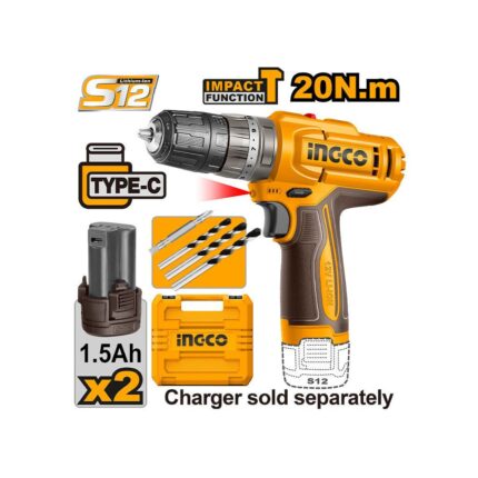 Perceuse Visseuse A Percussion 12V 20Nm +2 Batteries 1.5Ah Ingco