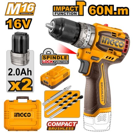 Perceuse Visseuse Brushless 16V 60Nm+2Batteries X2.0Ah Ingco