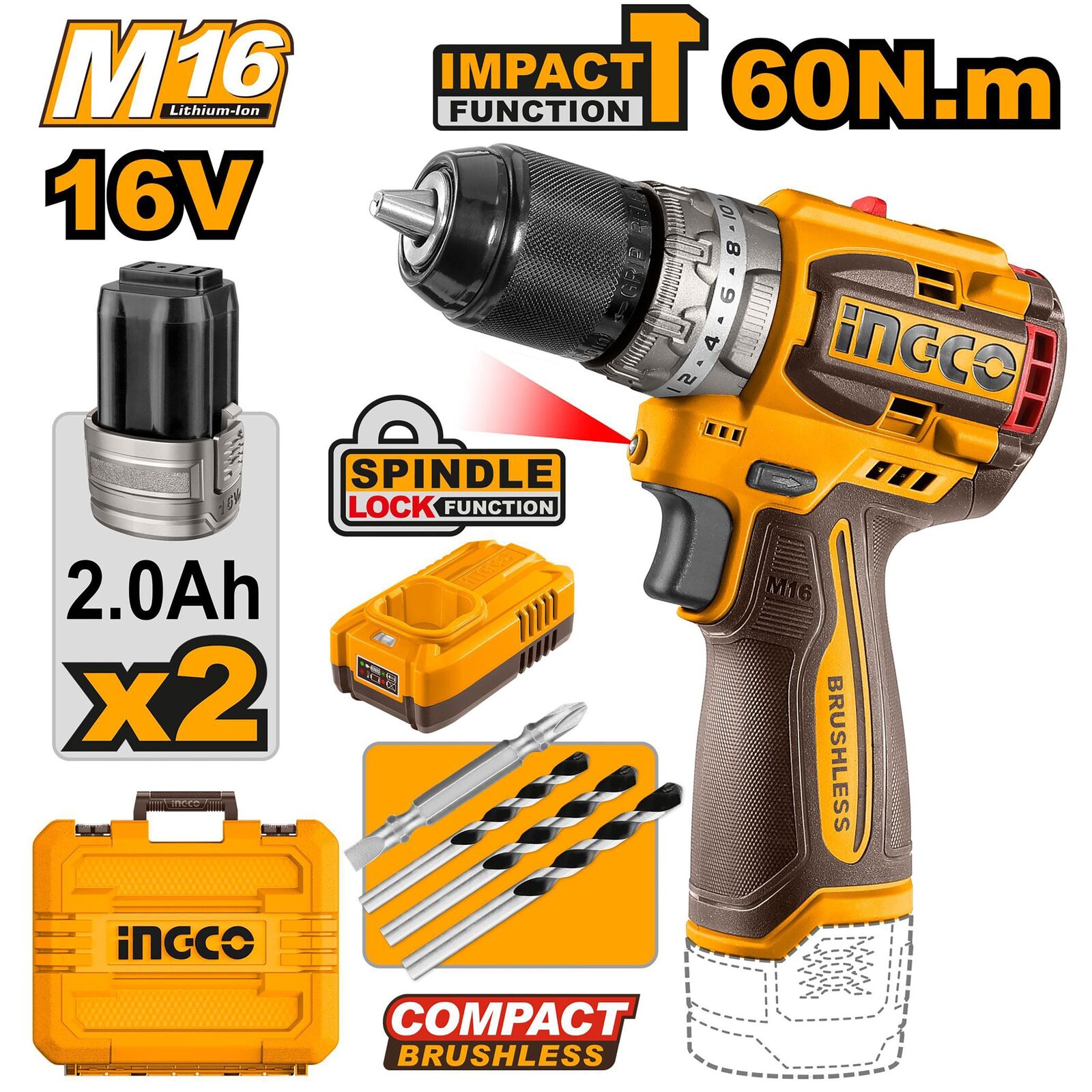 CIDLI16682_171-2 Perceuse Visseuse Brushless 16V 60Nm+2Batteries X2.0Ah Ingco – Image 1
