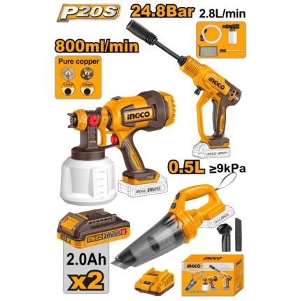 Pack De 3 Machines Pistolet Peinture/Nettoyeur/Aspirateurn 20V Ingco