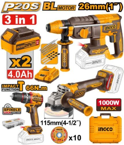 Pack De 3 Machines Ingco Marteau+Visseuse+Meuleuse 2Bat 4Ah