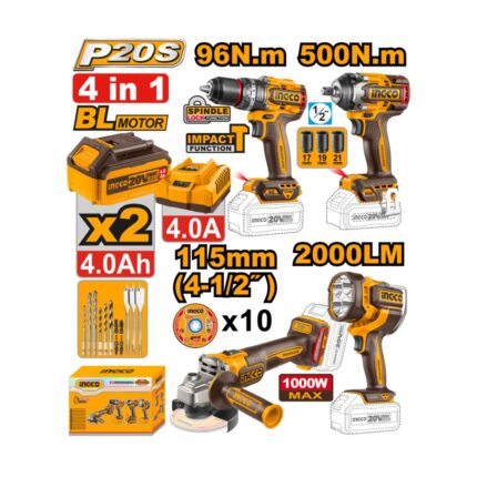 Pack De 4 Machines Perc Visseuse 96Nm+Boulonneuse 1/2 500nm+Meuleuse 115Mm+Lampe Torche Ingco