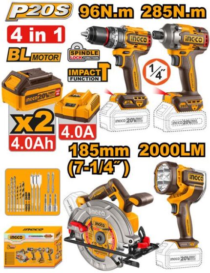 Pack 4 Machines Visseuse 96Nm+Boulonneuse 285Nm+Scie Circulaire 185Mm+Torche