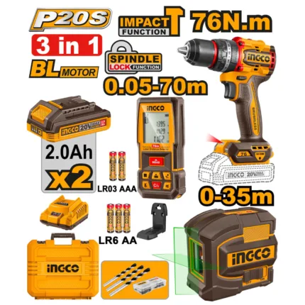 3Pcs 76Nm Perceuse À Percussions + Niveau Laser + Ensemble D'Écarteurs De 70 M