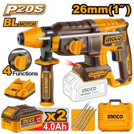 Marteau Perforateur Sans Charbons 26Mm 20V 2Batteries 4.0Ah+Chargeur Ingco