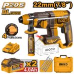 Marteau perforateur sans fil SDS Plus 20 V 22 mm avec 2 batteries 4,0 Ah et 1 chargeur pour bois, acier et béton