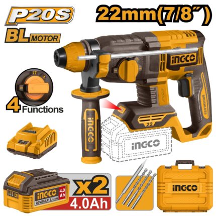 Marteau perforateur sans fil SDS Plus 20 V 22 mm avec 2 batteries 4,0 Ah et 1 chargeur pour bois, acier et béton