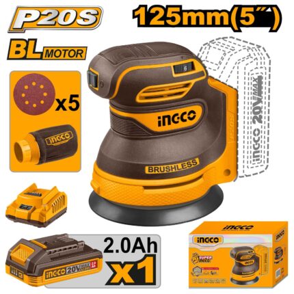Ponceuse Excentrique Brushless 20V +1Batt 2Ah 125Mm Ingco