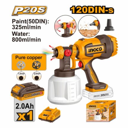 Pistolet Peinture 20V 800Ml/Min 1Batterie 2.0Ah +Chargeur Ingco