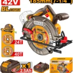 Scie Circulaire 42V 185mm Brushless 2 lames de scie de 185 mm
1 batterie 2,5 Ah
1 chargeur