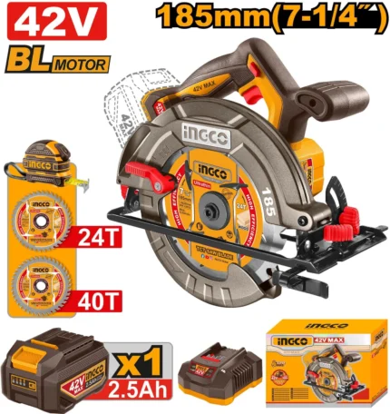 Scie Circulaire 42V 185mm Brushless 2 lames de scie de 185 mm
1 batterie 2,5 Ah
1 chargeur